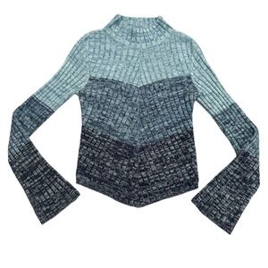 RAVE Y2K 90s Ribbed Mock Neck Bell Sleeve Stripe Sweater Blue Size S‎